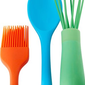 Kids in the Kitchen Oil Brush, Spoon, Whisk, Long, Standard Spatula Silicone Utensil Set, Multicolor