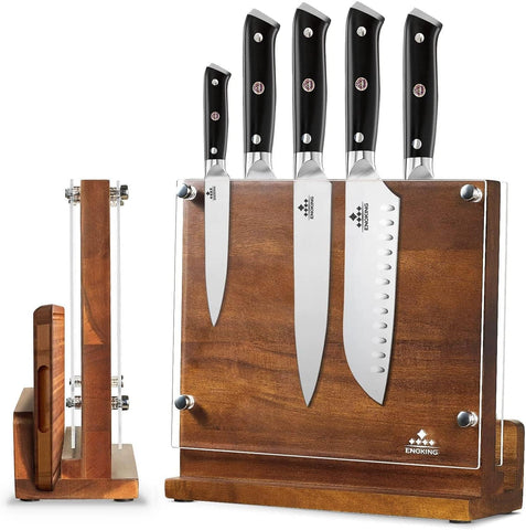 Image of Magnetic Knife Block with Acrylic Shield, Double Side Kitchen Knife Holder without Knives- Acacia Wood Universal Knife Storage Organizer with Powerful Magnet for Kitchen Counter