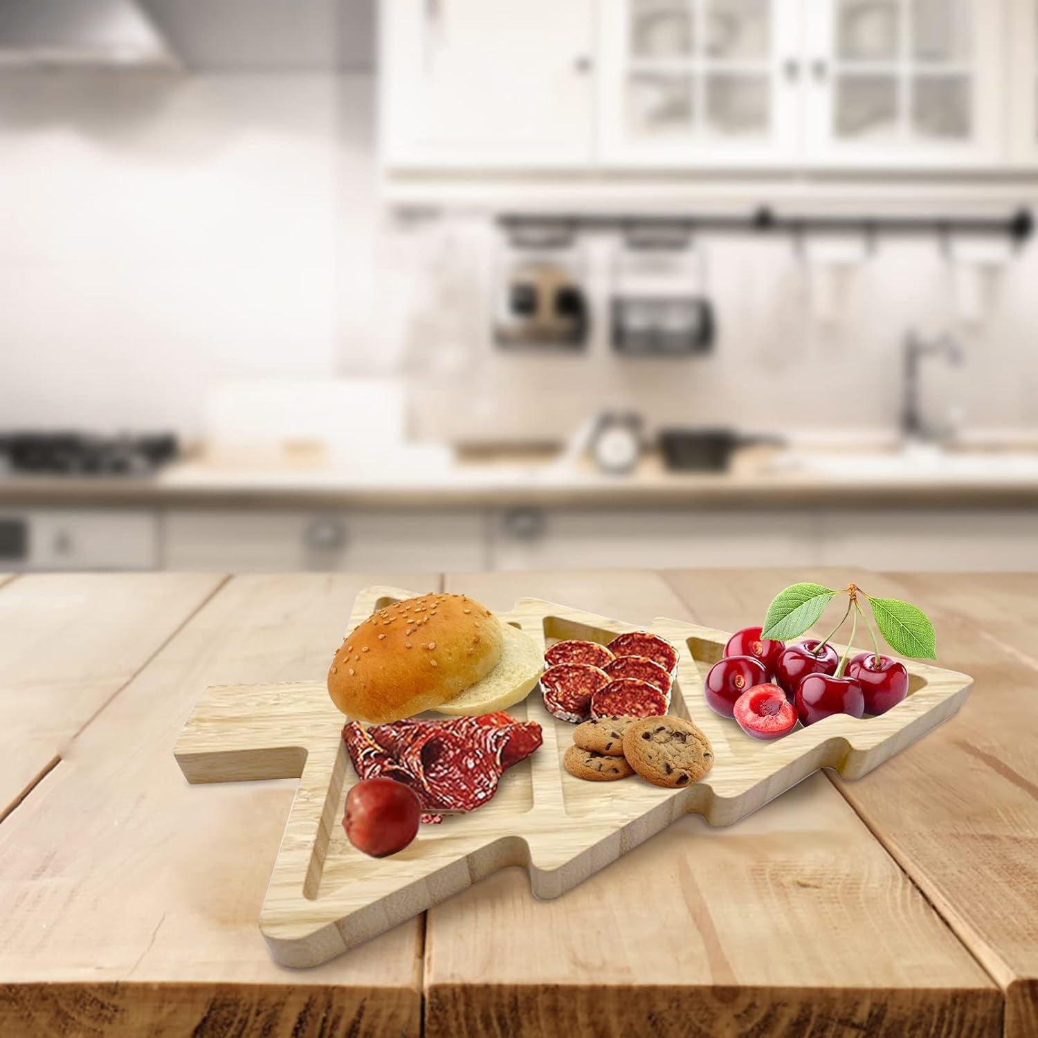Bamboo Serving Platter, Multiple Spaces Reusable Bamboo Plates, Novel Shape Charcuterie Board Set with Knife & Fork, Fruit, Bread, Salad Plate for Christmas Thanksgiving (Christmas Tree)