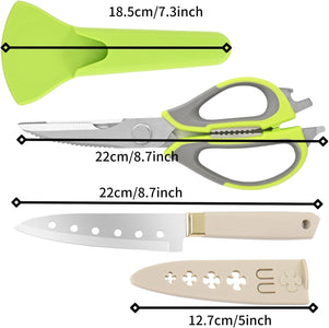 Kitchen Shears Heavy Duty Kitchen Scissors with Magnetic Holder Multi Purpose Kitchen Scissors and a Paring Knife, Dishwasher Safe Kitchen Shear for Meat, Vegetables (Green and Grey Magnetic Scissors)