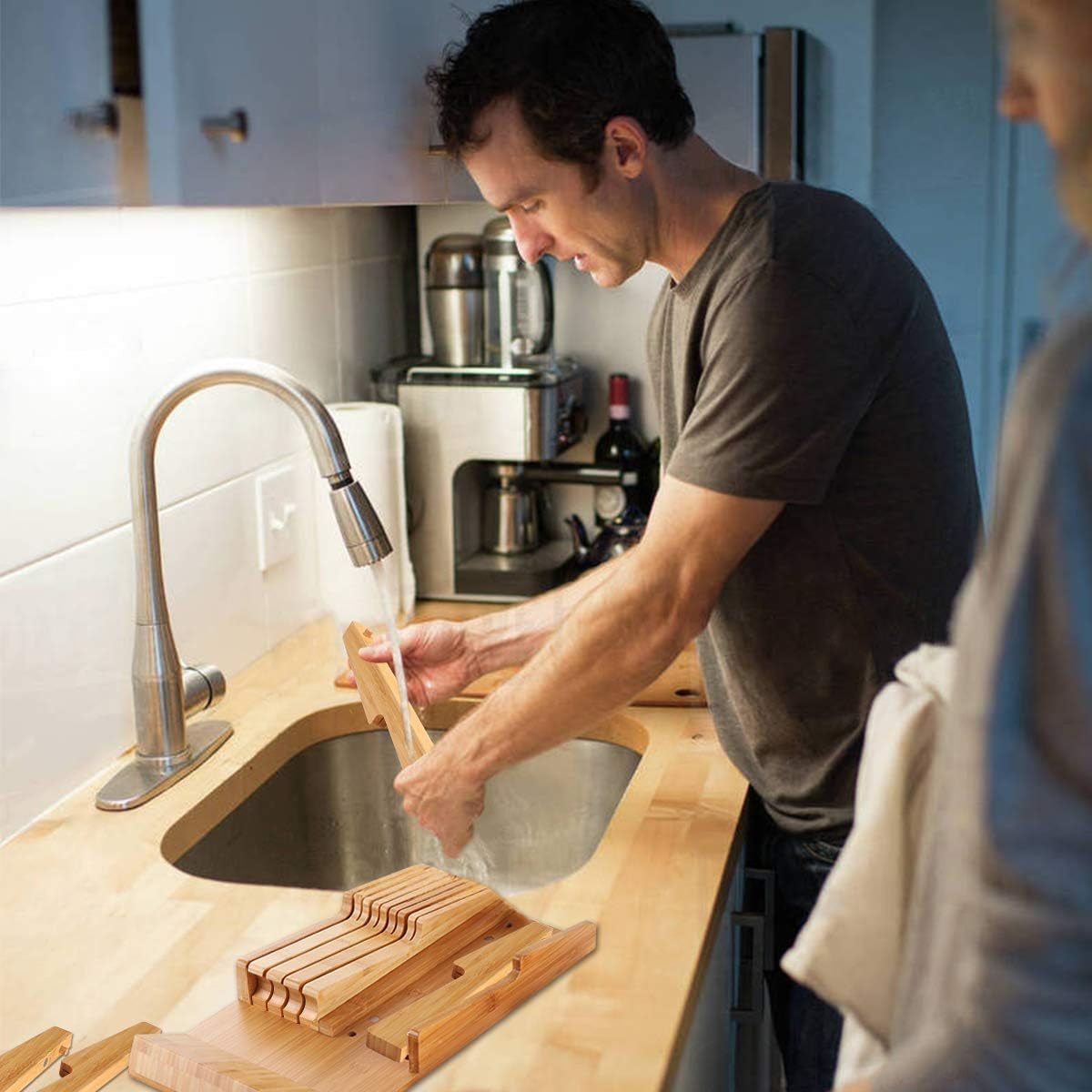 Bamboo In-Drawer Knife Block Set for 16 Knives(Not Included), Large Kitchen Detachable Washable Cutlery Slot Organizer Storage Holder for Sharpening Steel and Cutter