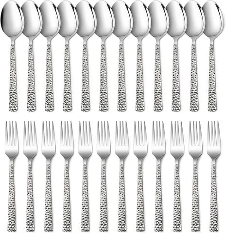 Image of 24-Piece Hammered Forks and Spoons Silverware Set,  Stainless Steel Square 12 Dinner Forks and 12 Dinner Spoons, Modern Metal Flatware Cutlery for Kitchen and Restaurant, Dishwasher Safe-7.9 Inch