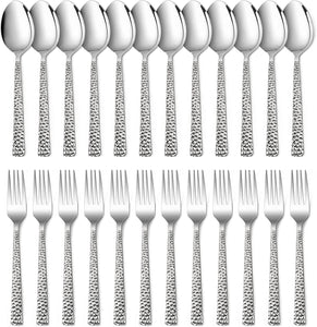 24-Piece Hammered Forks and Spoons Silverware Set,  Stainless Steel Square 12 Dinner Forks and 12 Dinner Spoons, Modern Metal Flatware Cutlery for Kitchen and Restaurant, Dishwasher Safe-7.9 Inch