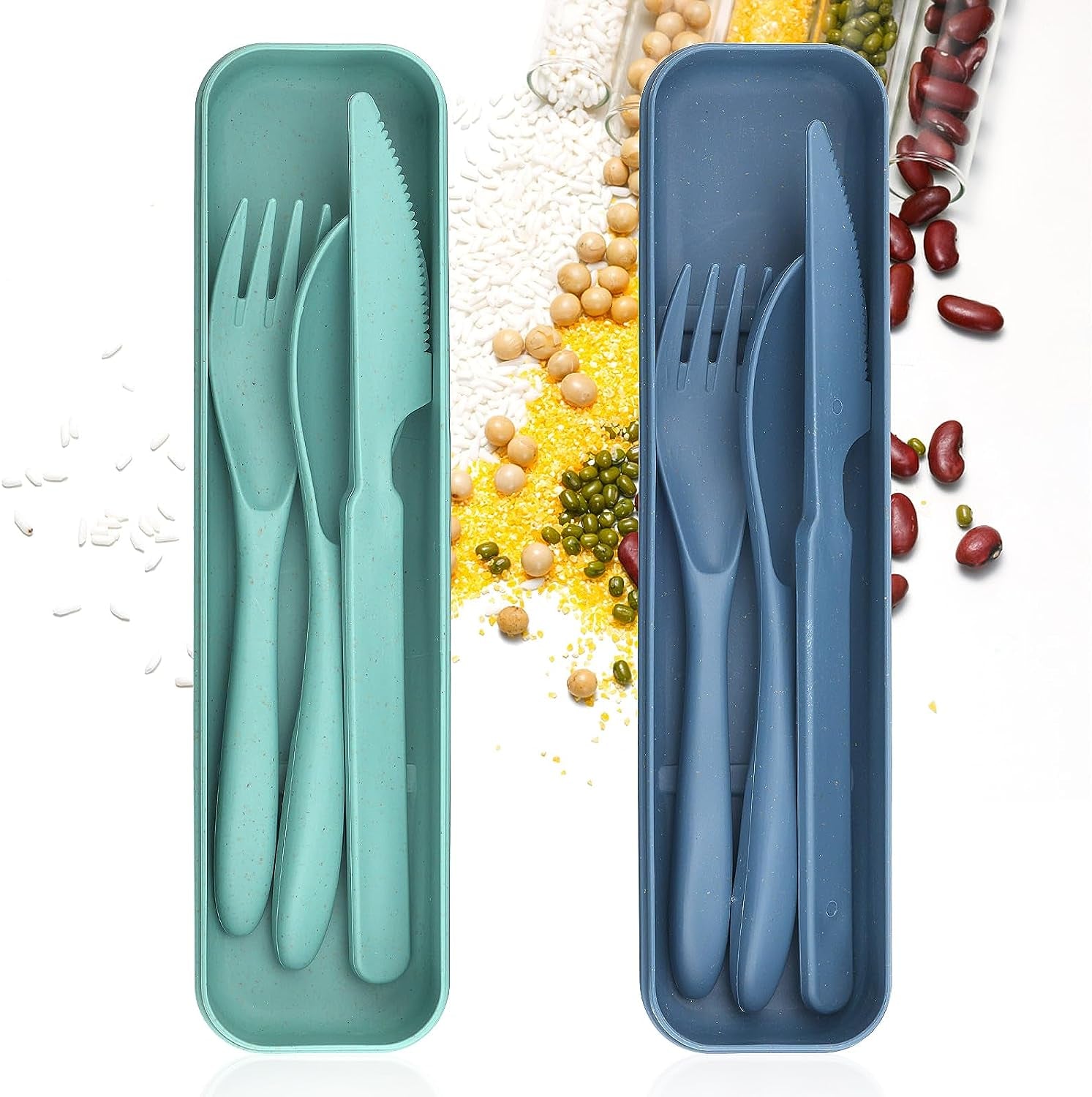 Cutlery Set Flatware Eating Utensils 2 Packs Camping Travel Case Kits Reusable Portable Lunch Dinnerware Accessories Adults Kids Fork Spoon Storage Box Outdoor