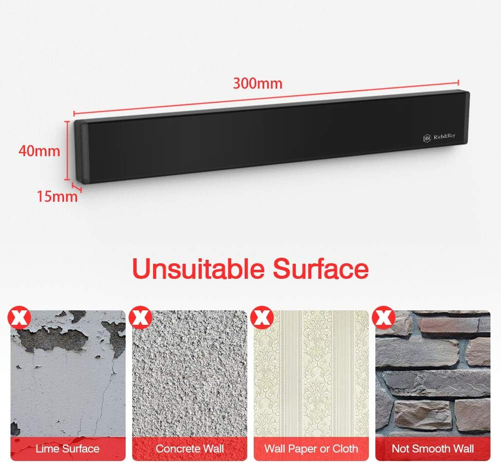 12 Inch Knife Magnetic Strip No Drilling, Kitchen Knife Magnetic Holder for Wall, Kitchen Accessories Organizer Bar or Used in Organizing Tools (Stainless Steel-12 Inch, Black)