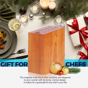 Magnetic Knife Block Holds up to 16 Knives（Not Included）, Space Saver Countertop Magnetic Knife Block Holder, Double Sided Magnets Oak Wood Knife Storage