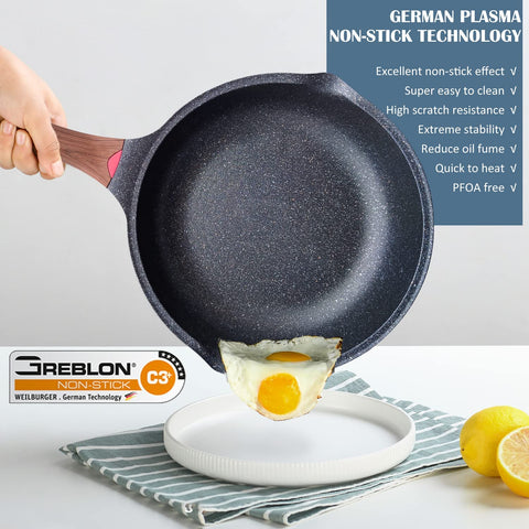 Image of Nonstick Deep Frying Pan Skillet with Lid, 11In/5Qt Saute Pan, German 3C+ Ceramic Coating Technology, Heat Indicator, Induction Compatible