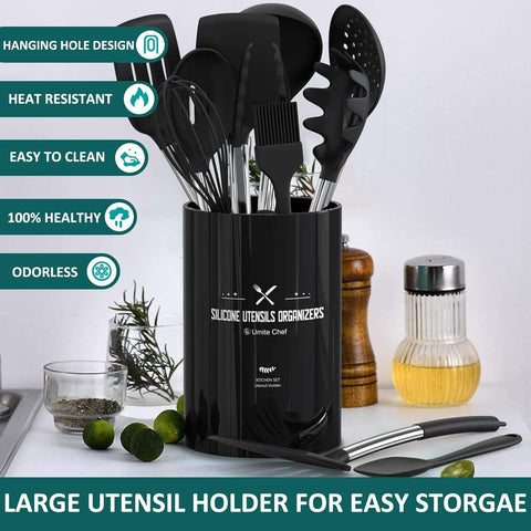 Image of Silicone Cooking Utensil Set,  15Pcs Silicone Cooking Kitchen Utensils Set, Non-Stick - Best Kitchen Cookware with Stainless Steel Handle - Black