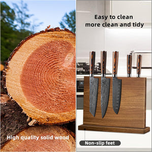 Double Sided Magnetic Knife Block, Multifunctional Storage Knife Holder for Kitchen Counter, Natural Acacia Knife Storage Stand with Strong Enhanced Magnets