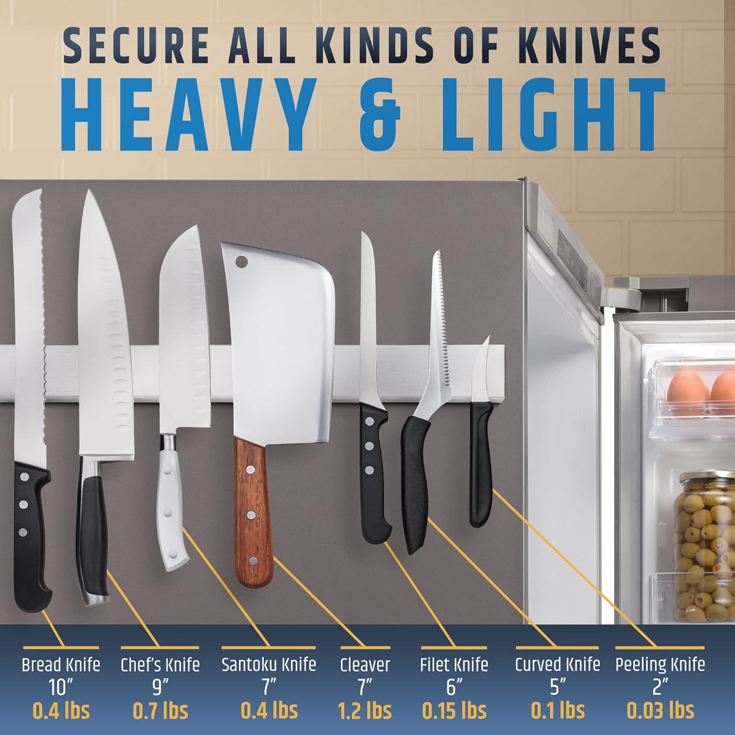 Fridge Applicable Stainless Steel Magnetic Knife Holder with Anti-Slide Upgrade - 22 Inch Professional Double Sided Knife Strip for Refrigerator - Knife Rack/Knife Bar with Powerful Pull Force