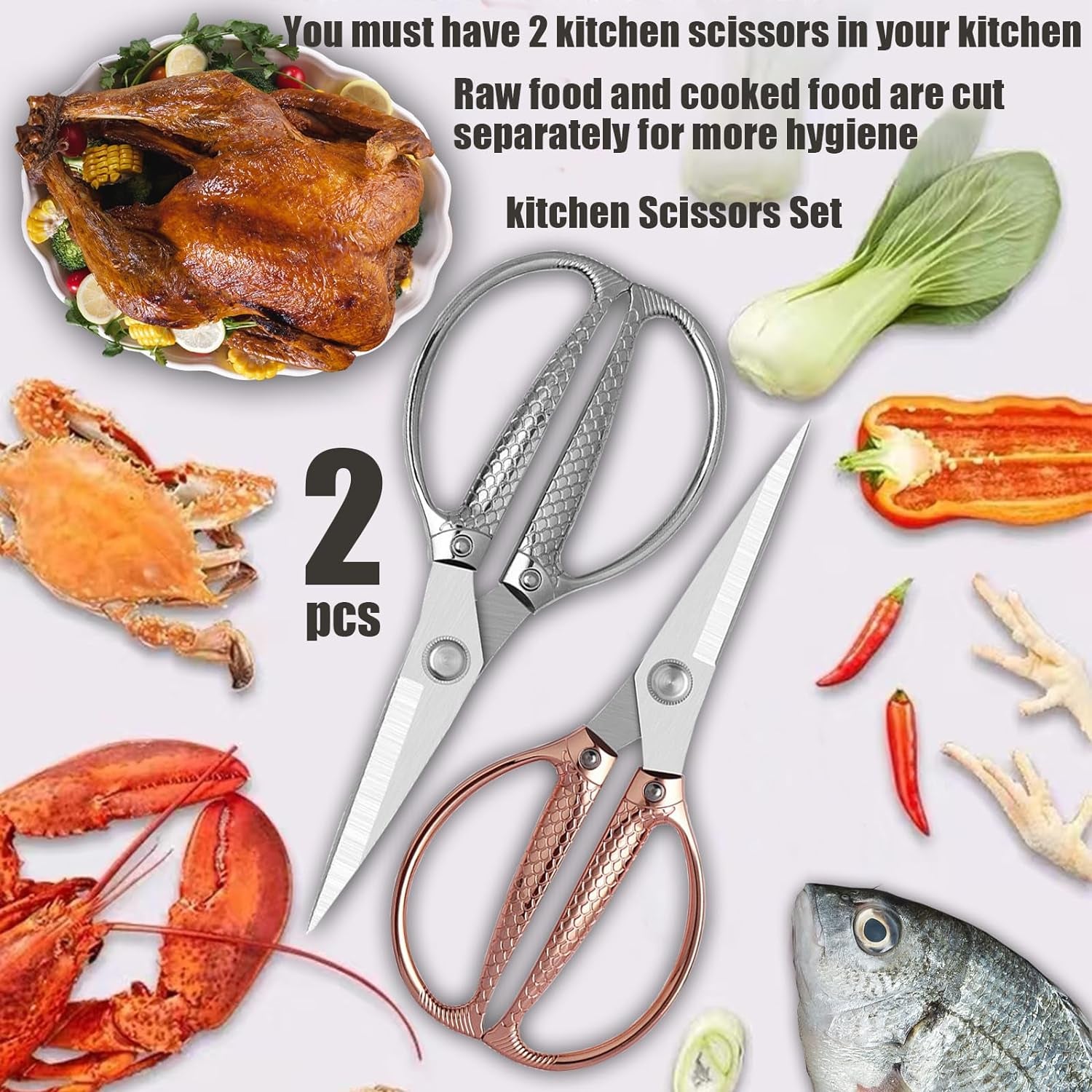 Kitchen Shears 2 Pack,Kitchen Scissors Heavy Duty Poultry Shears Meat Scissors Dishwasher Safe,Food Cooking Shears All Purpose Stainless Steel Utility Scissors for Kitchen,Chicken, Fish,Herbs,Turkey