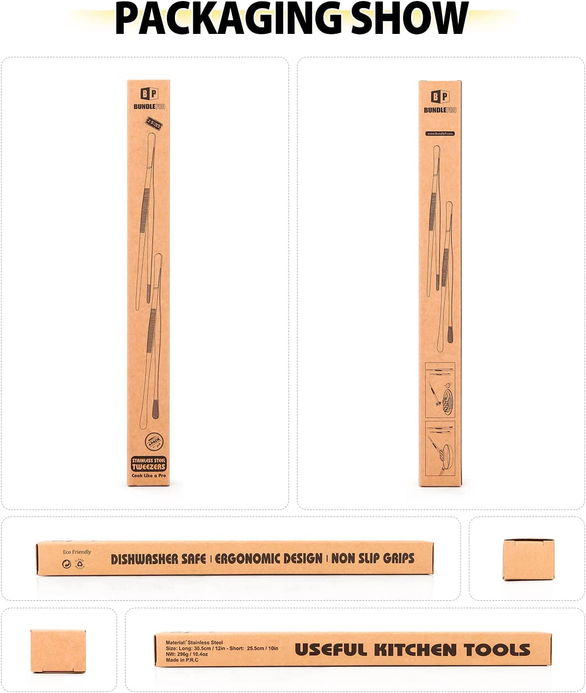 4 Pcs Kitchen Fine Tweezer Tongs, 12'' and 10'' Stainless Steel Food Tweezers Set, Professional Kitchen Long Tweezer for Cooking, Repairing, Sea Food and BBQ