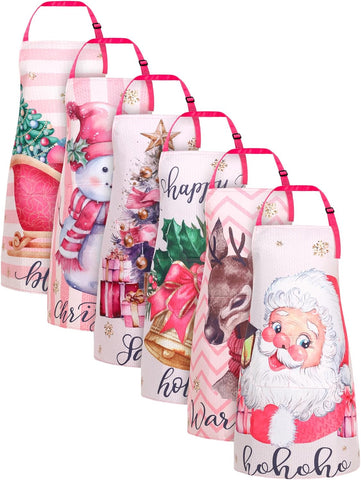 Image of 6 Pcs Christmas Aprons Waterproof Holiday Kitchen Aprons Adjustable Baking Cooking Aprons for Christmas
