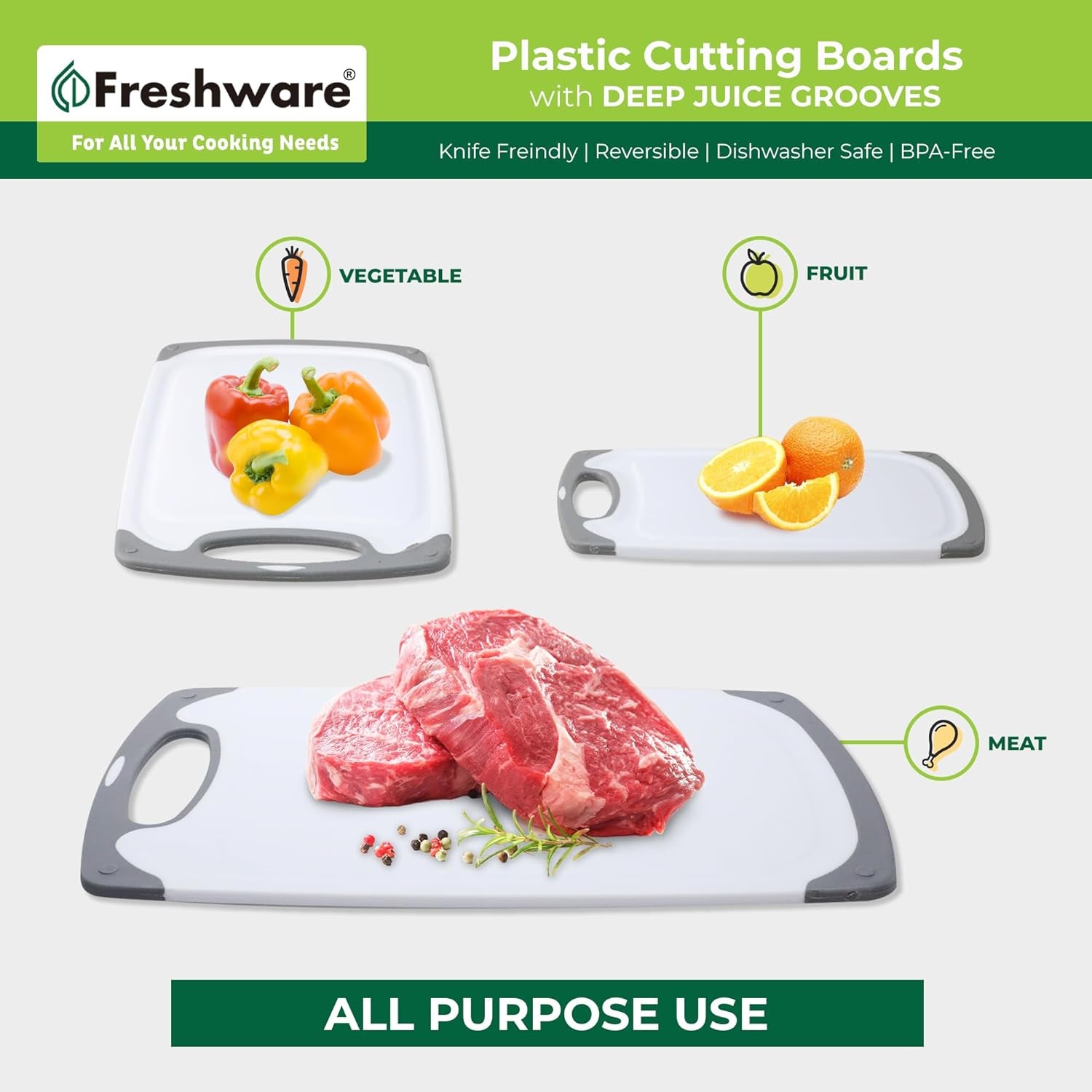 Cutting Board Set [Set of 3] Juice Grooves with Easy-Grip Handles, Plastic Chopping Board for Kitchen, Bpa-Free, Non-Porous, Dishwasher Safe