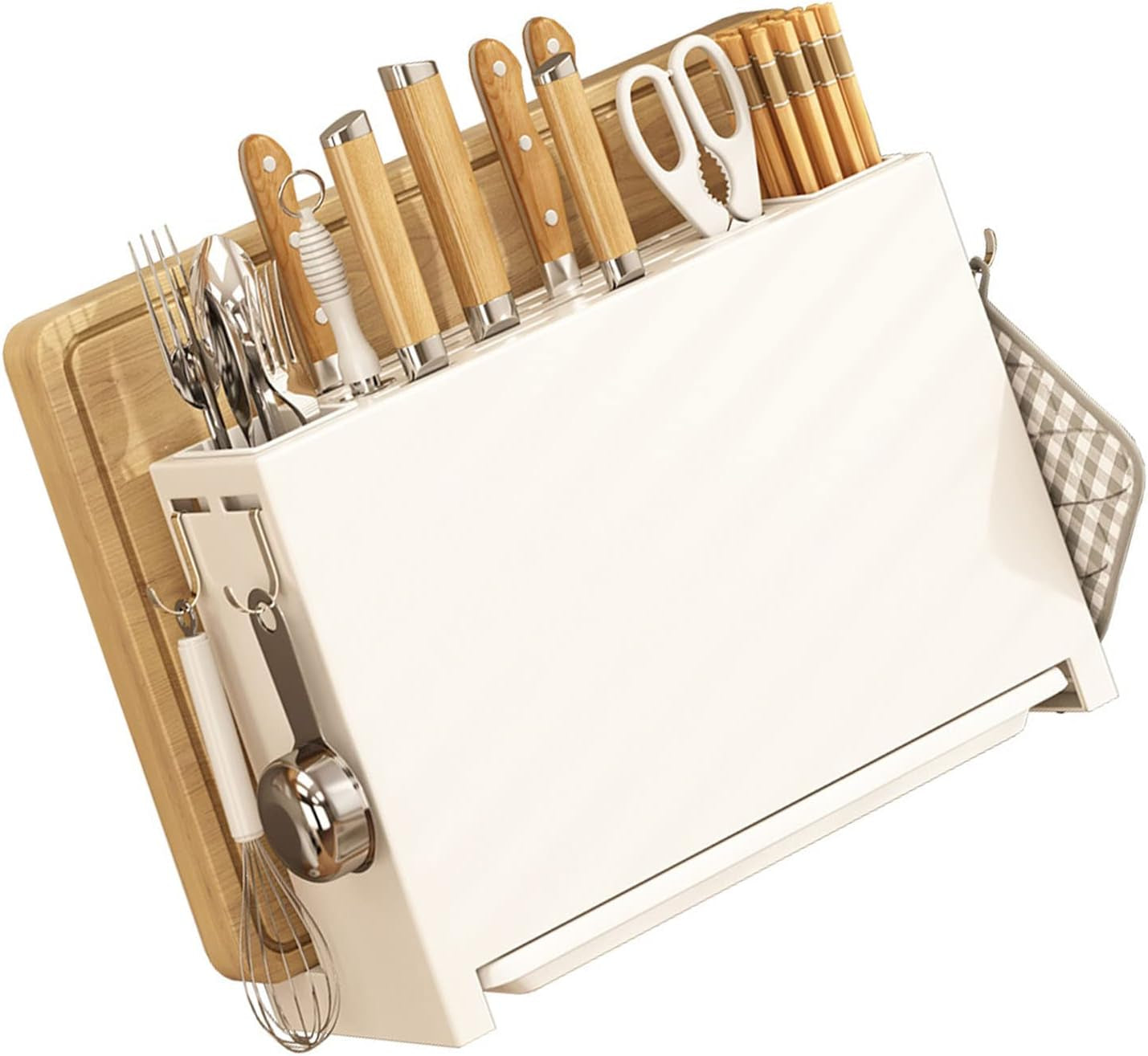 Kitchen Knife Drying Holder, Multifunction Kitchen Integrated Chopsticks Cutting Board Storage Rack Organizer White Fruit Knives, Kitchen Knives, Scissors, 13.2 X 5.2 X 9.1In
