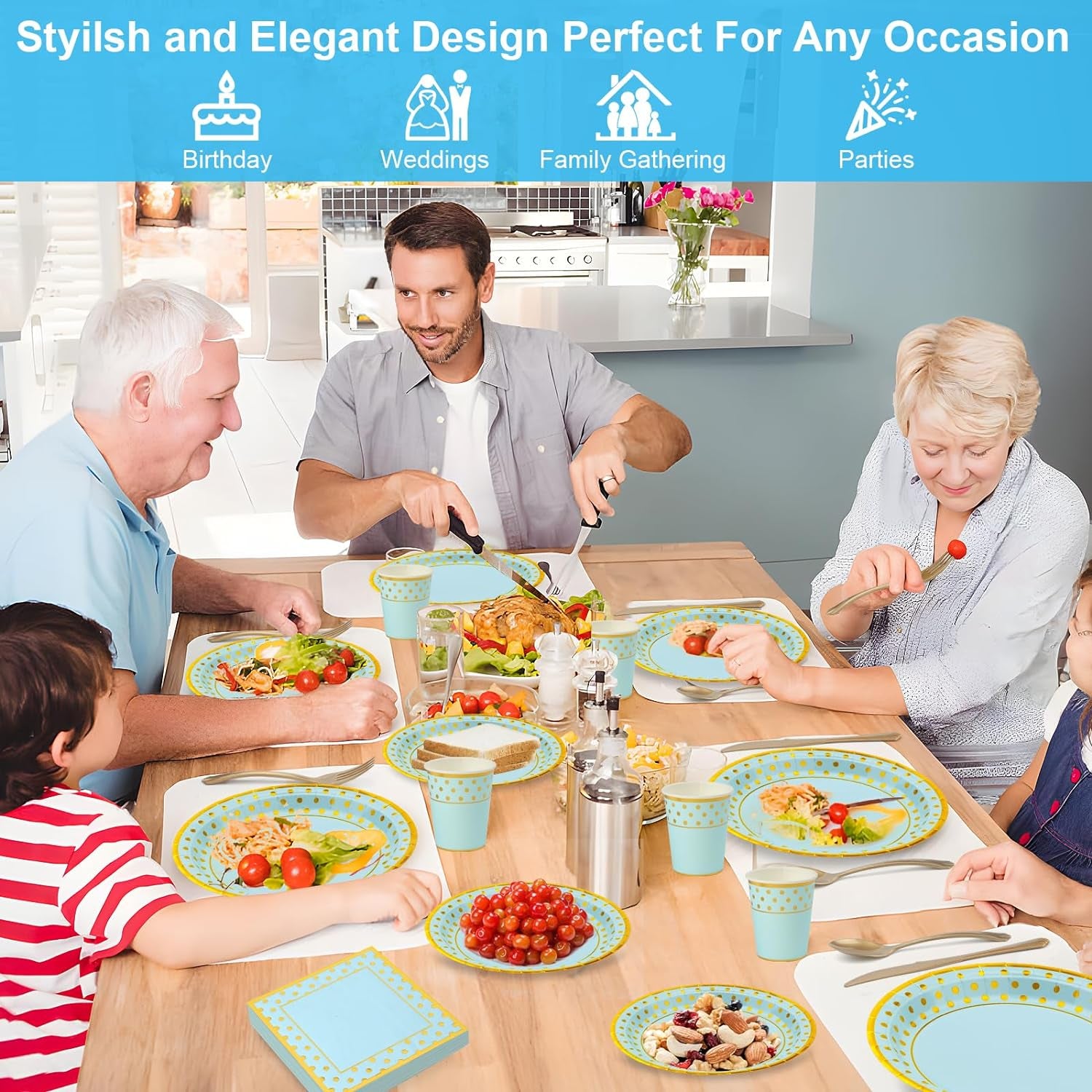 Blue Gold Paper Party Supplies,350Pcs Golden Dot Paper Tableware Serve 50,Include Paper Plates,Napkins,Cups,Forks,Knives,Spoons,For Baby Shower,Boys Birthday,Anniversary