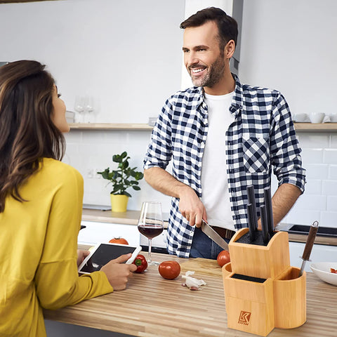 Image of Bamboo Universal Knife Block Two-Tiered Slot-Less Wooden Knife Stand, Knife Organizer & Holder - Convenient Safe Storage for Large & Small Knives & Utensils - Easy to Clean Removable Bristles