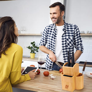 Bamboo Universal Knife Block Two-Tiered Slot-Less Wooden Knife Stand, Knife Organizer & Holder - Convenient Safe Storage for Large & Small Knives & Utensils - Easy to Clean Removable Bristles