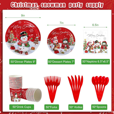 Image of Christmas Snowman Party Supplies, Christmas Snowman Plates and Napkins Set, Disposable Paper Plates Napkins Cups Knives Spoons Forks for Merry Christmas Winter Holiday Party Decorations, Serve 50