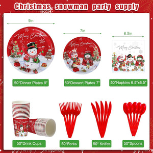 Christmas Snowman Party Supplies, Christmas Snowman Plates and Napkins Set, Disposable Paper Plates Napkins Cups Knives Spoons Forks for Merry Christmas Winter Holiday Party Decorations, Serve 50