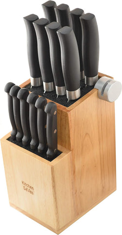 Image of Bamboo Universal Knife Block - Knife Holder with 2 Built-In Knife Sharpeners - 2-Tiered Modern Knife Storage up to 16 Large and Small Knives Easy Clean Wooden Knife Organizer by