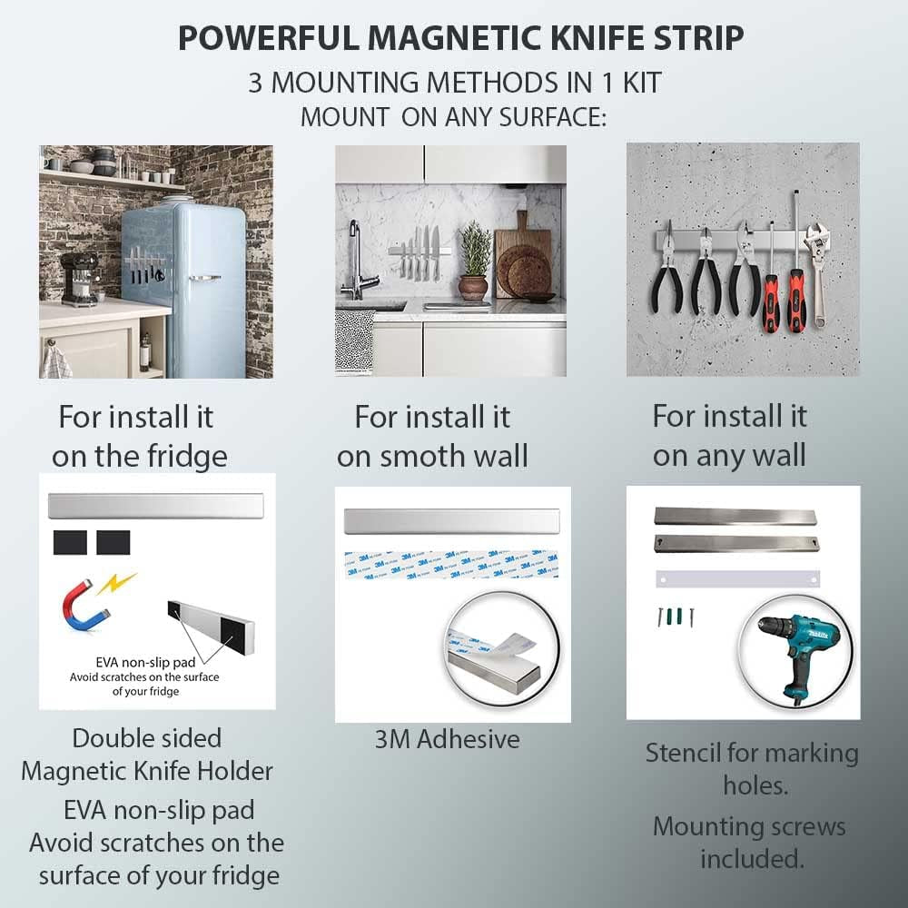 (Fridge) Magnetic Knife Holder for Refrigerator – 16 Inch Professional Double Sided Magnetic Knife Strip for Fridge - Stainless Steel Magnetic Knife Holder for Wall Self Adhesive