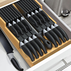 In-Drawer Knife Block Set without Knives, Kitchen Black Knife Holder Organizer, Drawer Steak Knife Block with Detachable Knife Slots, Large Knife Storage Rack for 16 Knives and Sharpener Rod