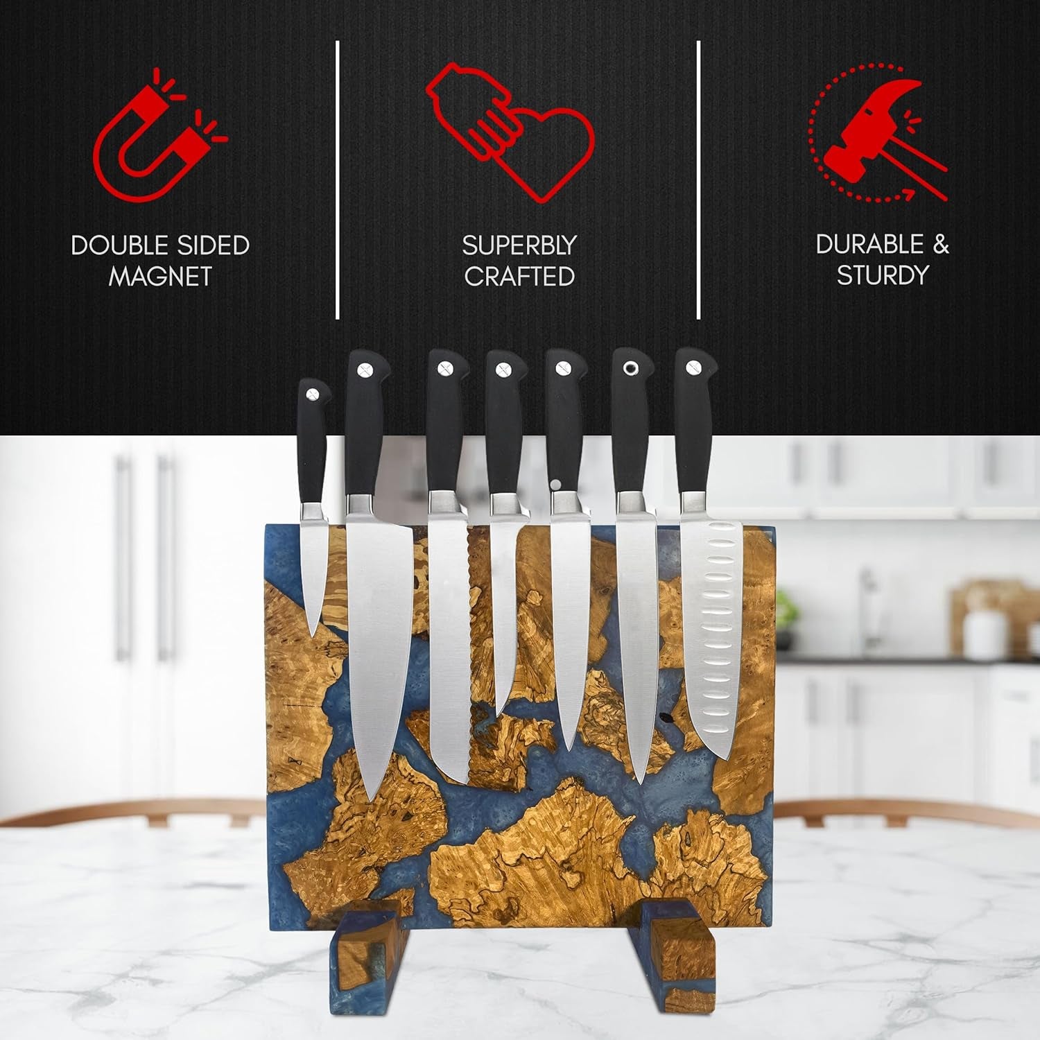Magnetic Knife Block without Knives - Magnetic Knife Holder | Magnetic Knife Block for Kitchen Counter| Wooden Block Knife Holder | Kitchen Knife Magnetic Holder | Magnet Knife Block (Azure Blue)