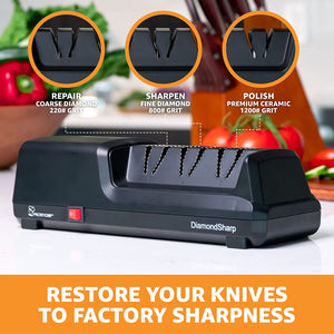 Electric Knife Sharpener for Kitchen Knives, Powerful Motor with Precision Guides and Professional Diamond Abrasives, Expert Automatic Angle Detection for Sharper Knives Black