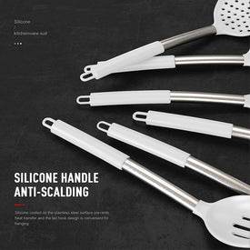 Large Silicone Cooking Utensils Set - Heat Resistant Kitchen Utensils Sets,Spatula,Spoon,Turner Tongs,Brush,Whisk,Stainless Steel Silicone Cooking Utensil for Nonstick Cookware,Dishwasher Safe (White)