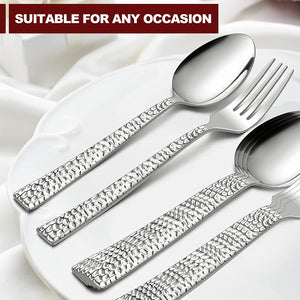 24-Piece Hammered Forks and Spoons Silverware Set,  Stainless Steel Square 12 Dinner Forks and 12 Dinner Spoons, Modern Metal Flatware Cutlery for Kitchen and Restaurant, Dishwasher Safe-7.9 Inch