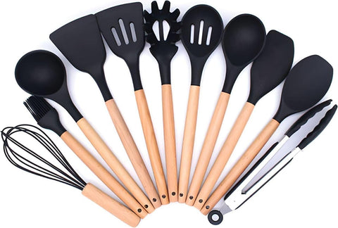 Image of Kitchen Utensils Set, 33 Pcs Non-Stick Silicone Cooking Utensils Set, Heat-Resistant Silicone, Wooden Utensils for Cooking, Kitchen Gadgets Spatula Set, Apartment Essentials Kitchen Set (Black)