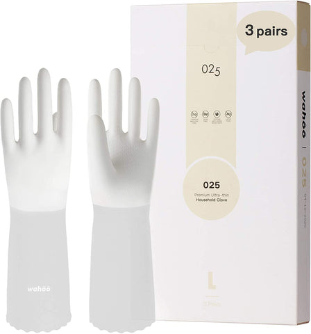 Image of LANON 3 Pairs Wahoo Skin-Friendly Cleaning Gloves, Unlined Dishwashing Kitchen Gloves, Reusable, Non-Slip, Brilliant White, Large