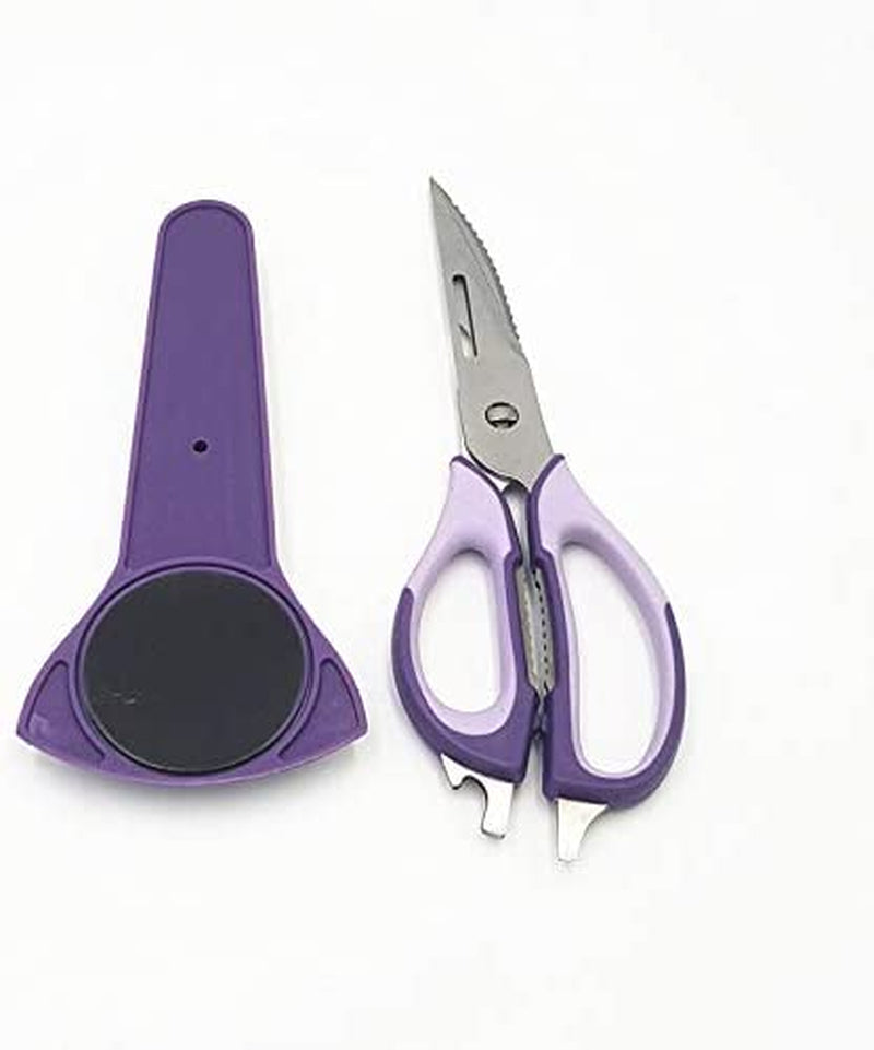 Multifunction Kitchen Food Scissors, Detachable Stainless Steel Heavy Duty Culinary Scissors, 7-In-1 Household Shears with Magnetic Holder, for Cut Poultry Meat Bone Vegetables Fruit Seafood (Purple)