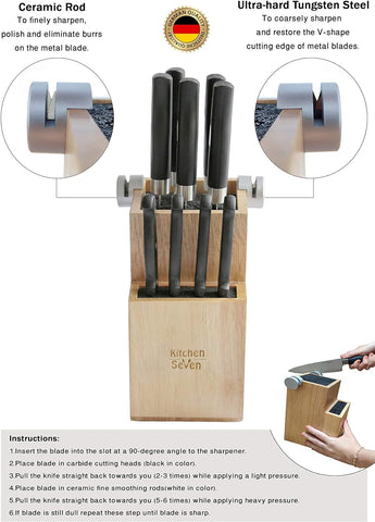 Image of Bamboo Universal Knife Block - Knife Holder with 2 Built-In Knife Sharpeners - 2-Tiered Modern Knife Storage up to 16 Large and Small Knives Easy Clean Wooden Knife Organizer by