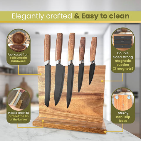 Image of - Magnetic Knife Block + Cutting Board for Kitchen | Magnetic Knife Holder with Strong Enhanced Magnets, Knife Block without Knives, 3 Rows of Magnetic Strips, Knife Holder | Set 2 in 1