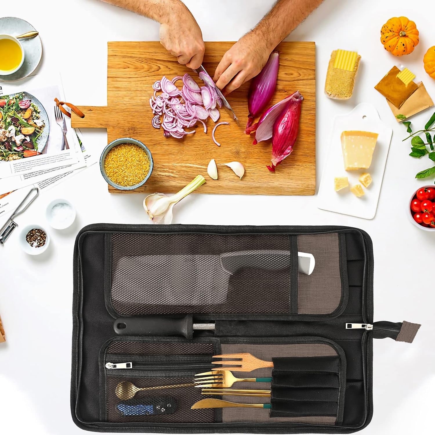 Chef’S Knife Roll Bag, Heavy Duty Oxford Chef Knife Bag, Portable 13 Slots Chef Knife Case, Multi-Function Cutlery Knives Pouch Holder Knife Wrap Wallet Tool Roll (Khaki)