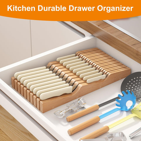 Image of Bamboo Knife Block Holder, In-Drawer Knife Drawer Organizer-Protecting Knife Organizer Block Holds up to 19 Knives（Not Included）