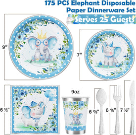 Elephant Baby Shower Decorations for Boy - 175PCS Blue Elephant Party Supplies Disposable Dinnerware (25 Guest) with Paper Plates Cups Napkins Plastic Forks Knives Spoons for Baby Boy Birthday