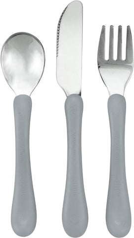 Image of Learning Cutlery Set Helps Toddler Develop Independent Eating Skills |Contoured Handles for Easy Gripping | Safety Edge on Knife | Dishwasher Safe | Navy & Gray | 2-Pk