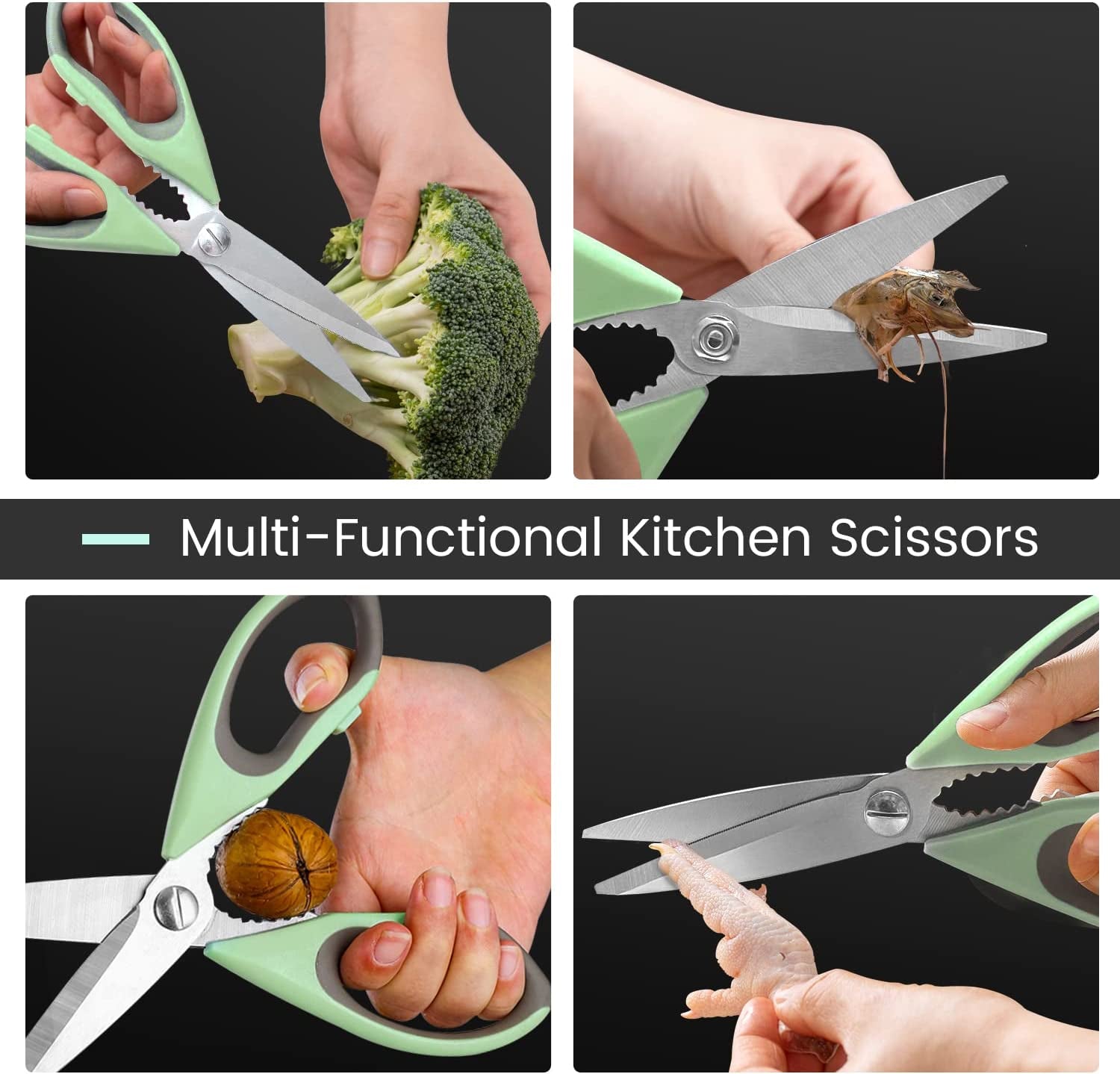 Ultra Sharp Kitchen Scissors with Magnetic Holder, Heavy Duty Kitchen Shears Meat Scissors, Multifunctional Stainless Steel Cooking Poultry Scissors for Household School Picnic(Green)