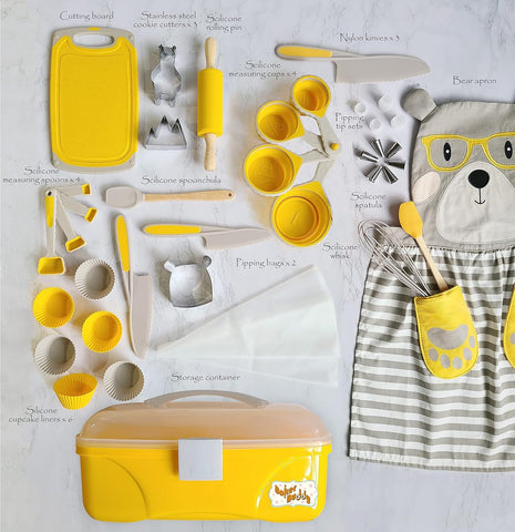 Image of 35-Piece Kids Baking Set with Teddy Bear Apron, Kid Friendly Knives, Cookie Cutters, Rolling Pin, Cutting Board, Whisk, Real Silicone Kitchen Accessories for Cooking and More