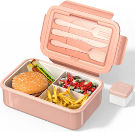 Bento Lunch Box for Kids, 1400 ML Bento Box Adult Lunch Box for Men Women with Cutlery & Salad Dressing Container to Go, Leak-Proof Meal Prep Container for Work School Travel, No BPA, Microwave Safe