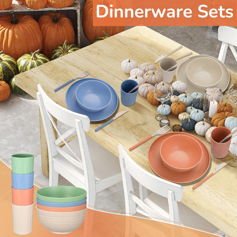 Image of 48 Pieces Wheat Straw Dinnerware Sets Reusable Kids Dinnerware Set, Unbreakable Lightweight Plates Cups Knives Forks Spoons Straws Chopsticks Set for Camping, Kitchen Dishwasher Safe