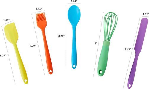 Kids in the Kitchen Oil Brush, Spoon, Whisk, Long, Standard Spatula Silicone Utensil Set, Multicolor