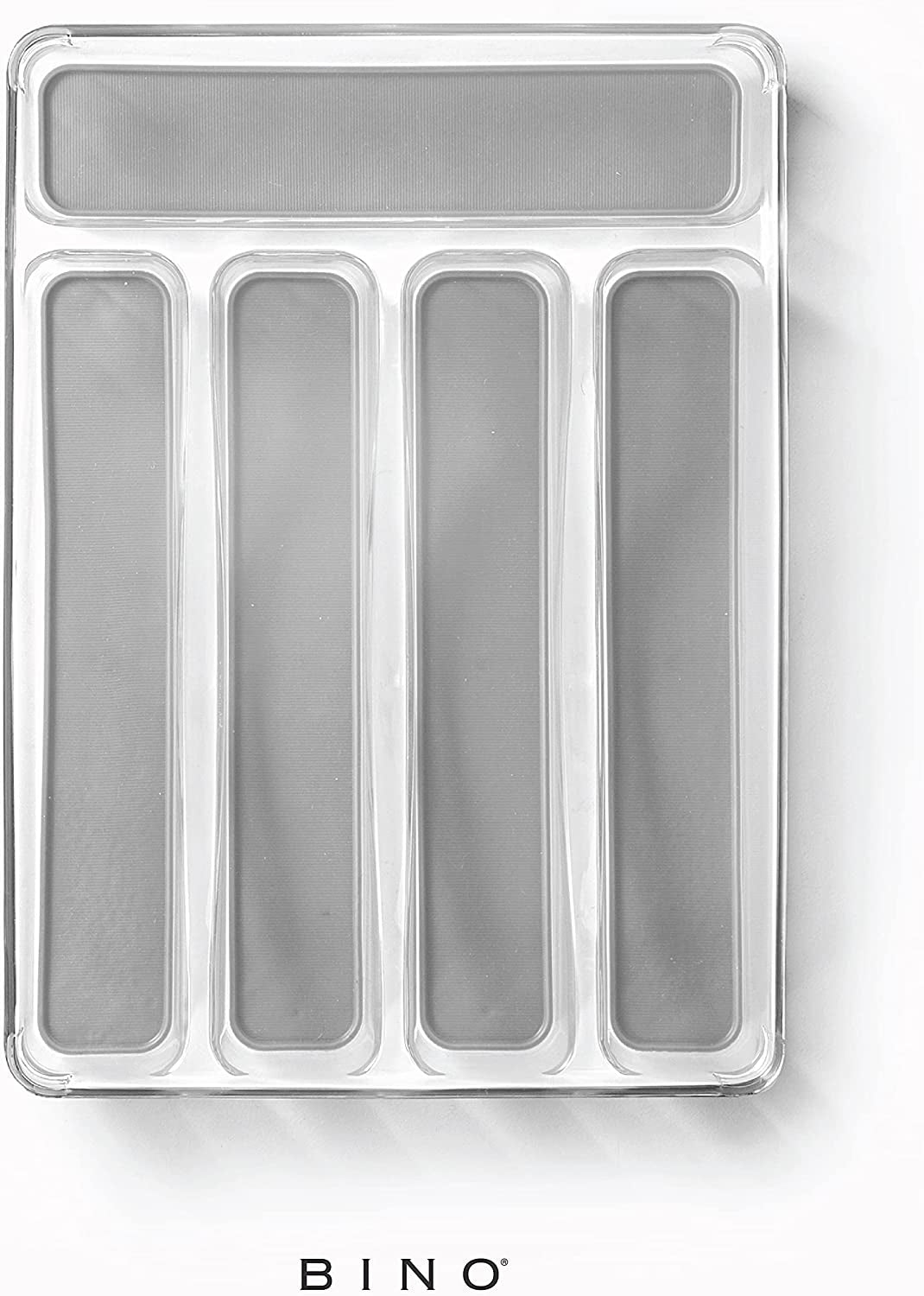 5-Slot Silverware Organizer for Drawer | Plastic Utensil Kitchen Drawers Tray Organization W/Grip Lining (Light Grey)