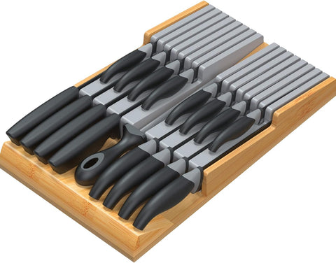 Image of In-Drawer Knife Block Set without Knives, Kitchen Gray Drawer Steak Knife Holder Organizer, Detachable Cutlery Storage Rack for 16 Knives and 1 Sharpening Steel