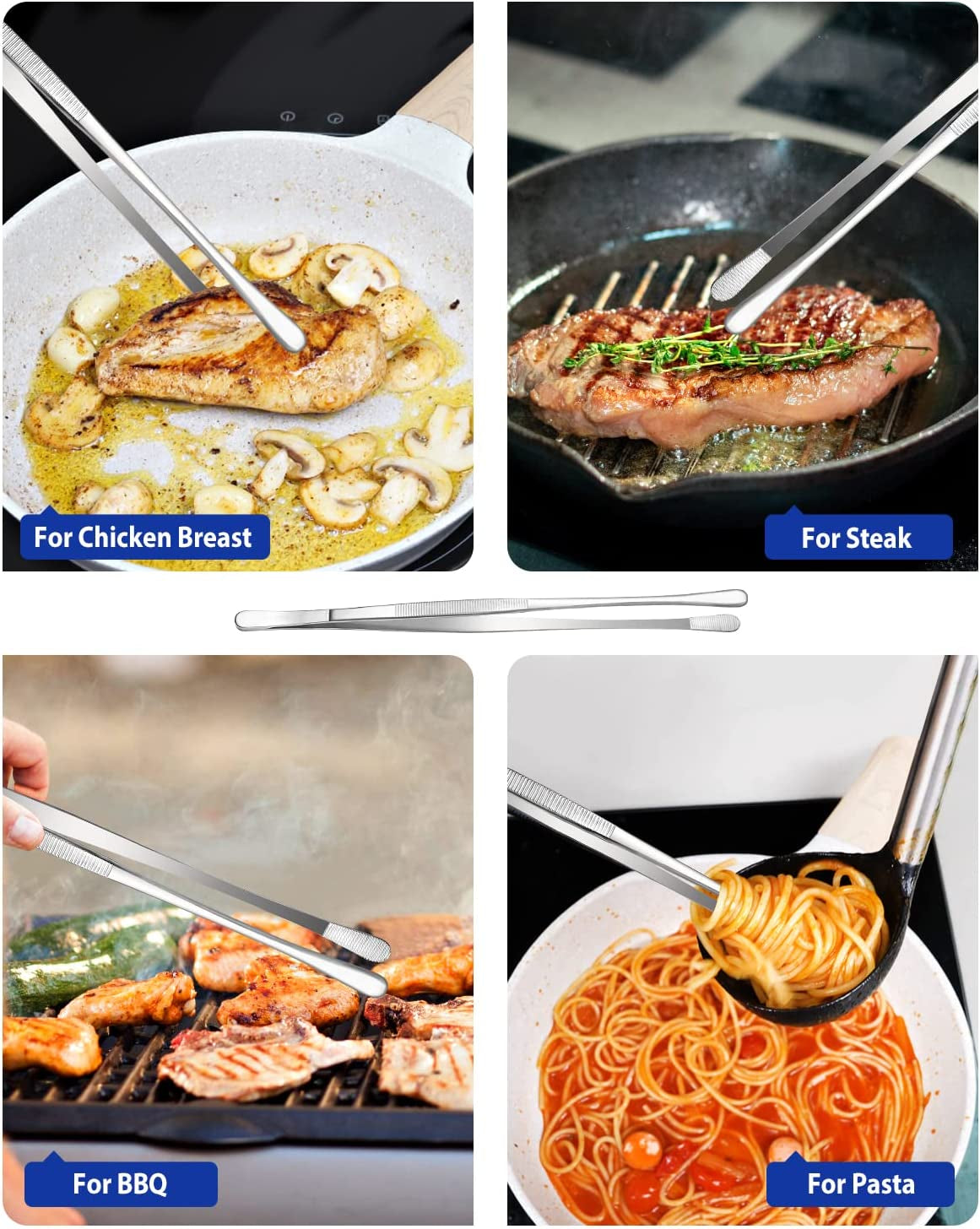 4 Pcs Kitchen Fine Tweezer Tongs, 12'' and 10'' Stainless Steel Food Tweezers Set, Professional Kitchen Long Tweezer for Cooking, Repairing, Sea Food and BBQ