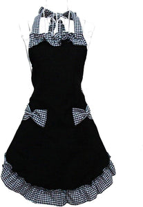 Cute Retro Lovely Vintage Ladies Kitchen Flirty Vintage Aprons for Women Girls with Pockets for Mothers Day Gift (Black)