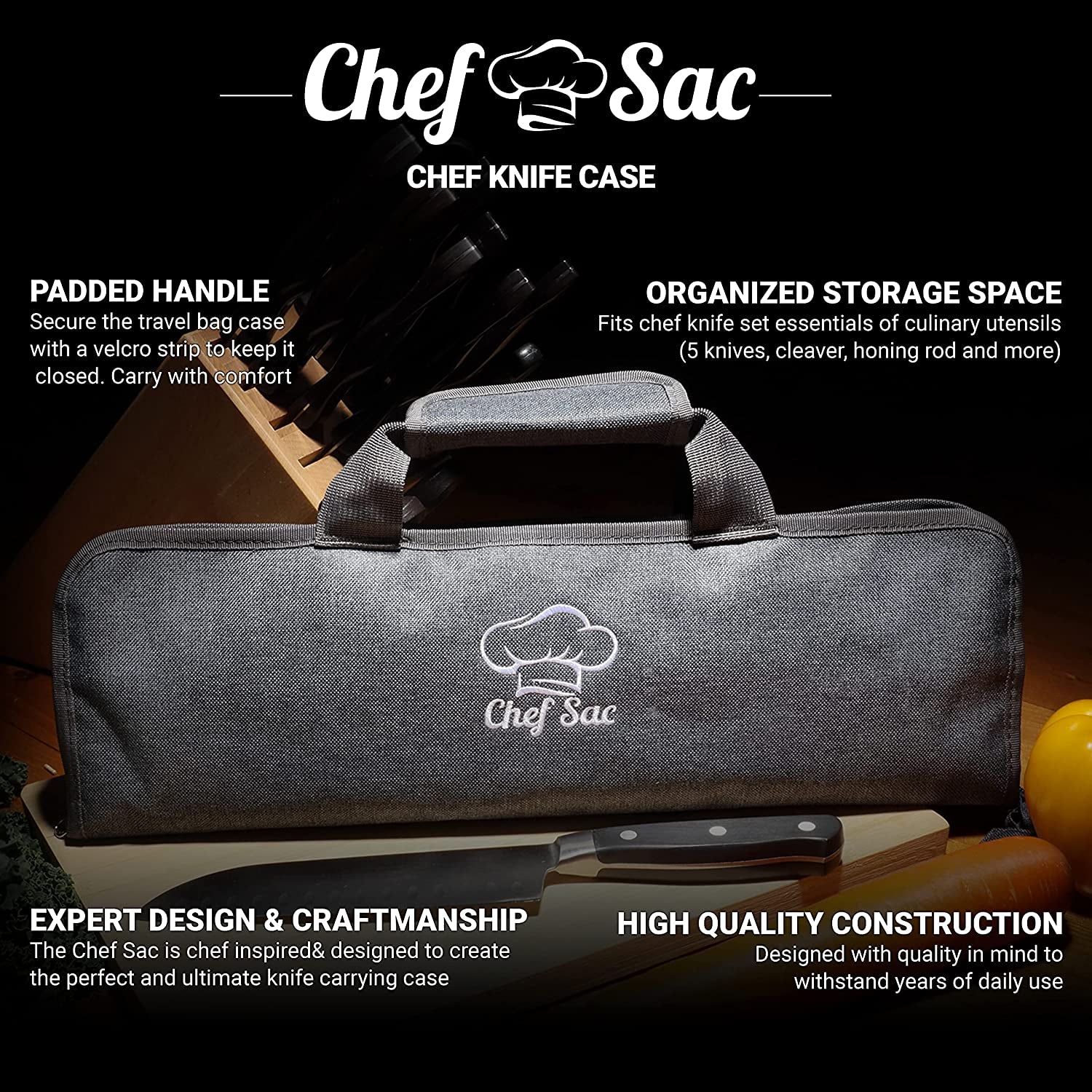 Chef Knife Roll Bag Travel Case | 8 Pockets for Knives & Tools | 2 Flaps with Cleaver & Mesh Pocket | Honing Rod Slot | Chef Knife Case for Professional & Students | Knives Not Included (Denim Grey)